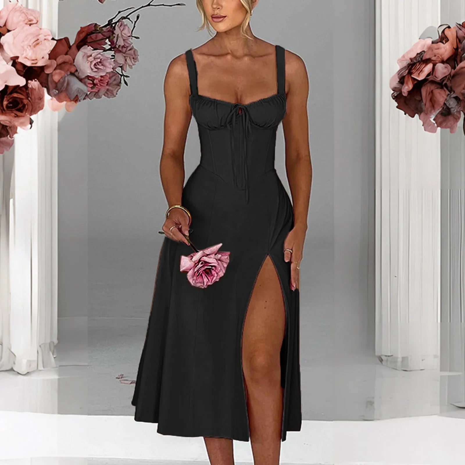 Envy NYC Envy NYC Square Neck Lace Up Corset Midi Dress — main product shot