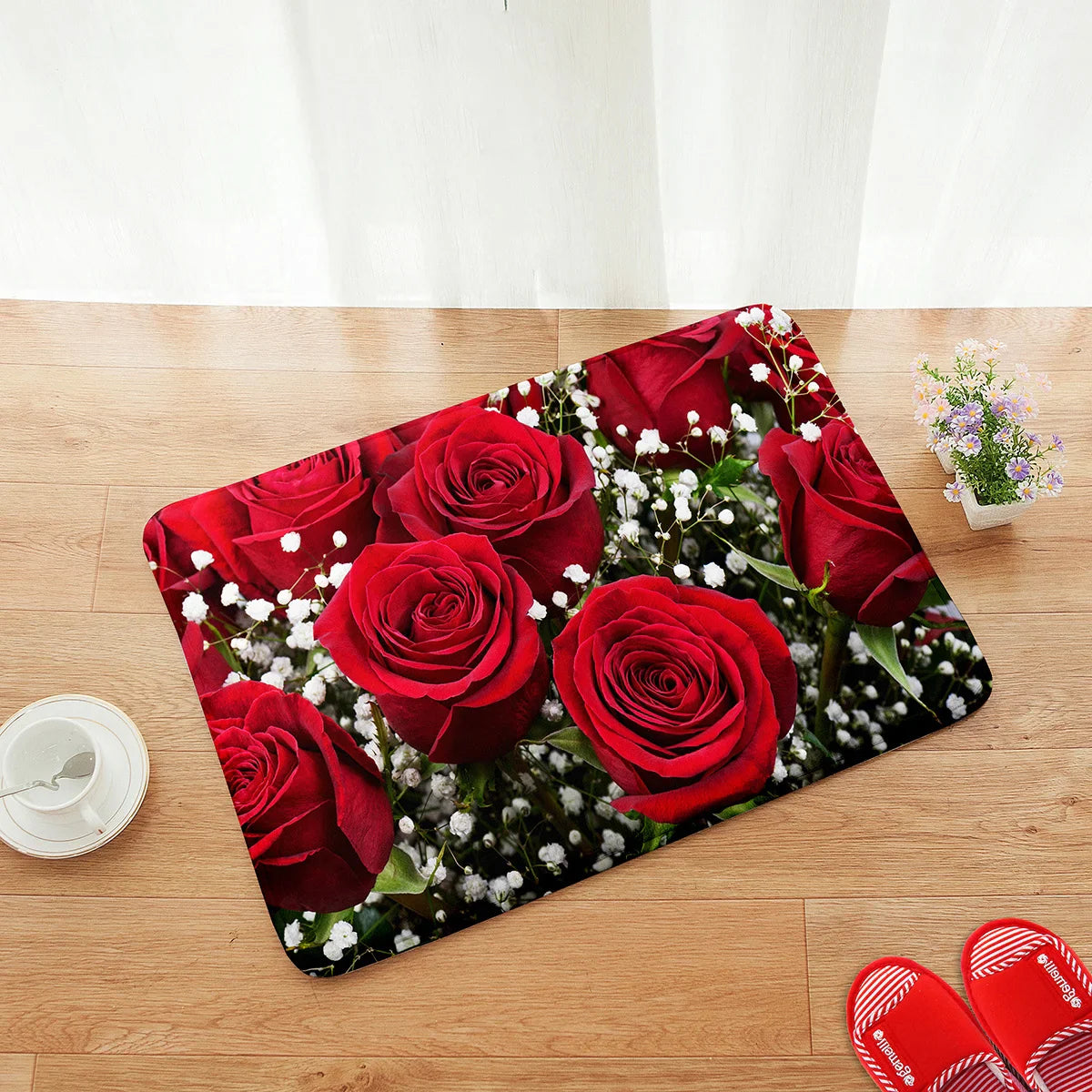 Perfecsy VIKAMA 1/2pc Valentine's Day Romantic Rose Print Rug, Non-Slip, Dirt-Proof. For Kitchen, Bathroom, Entrance Home Dec