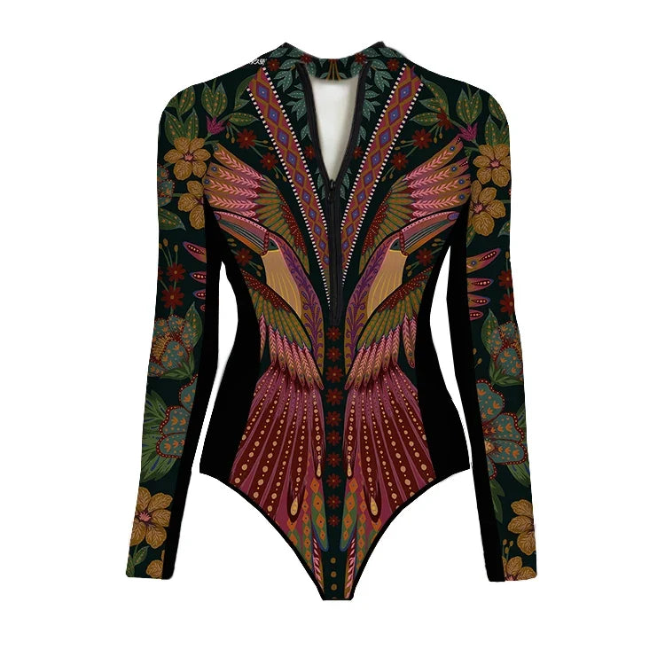 WAVECHO Women's Long Sleeve Zip Front One Piece Swimsuit Floral