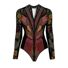 WAVECHO Women's Long Sleeve Zip Front One Piece Swimsuit Floral