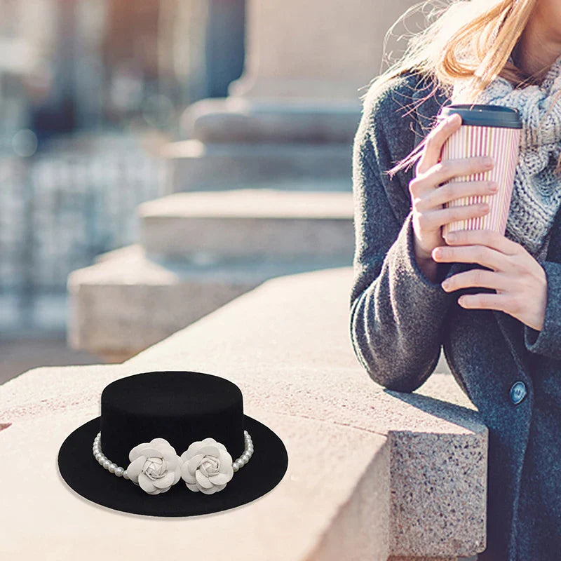 Women Wool Boater Hat Pearl Flower Decor Classic Flat Top Fedora Hat Wide Brim Church Derby Cap,French British Style