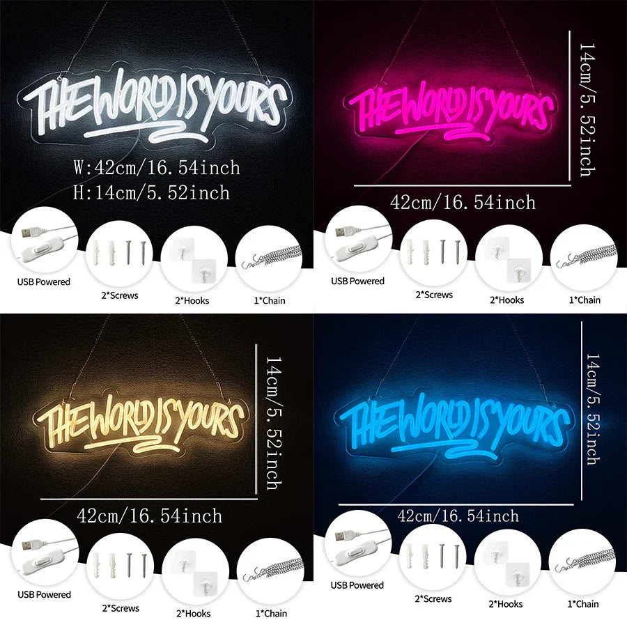 Perfecsy The World Is Yours Neon Sign, Led Letter Icon, Usb Powered, Used For Room, Home, Valentine'S Day Date, Wedding Backg