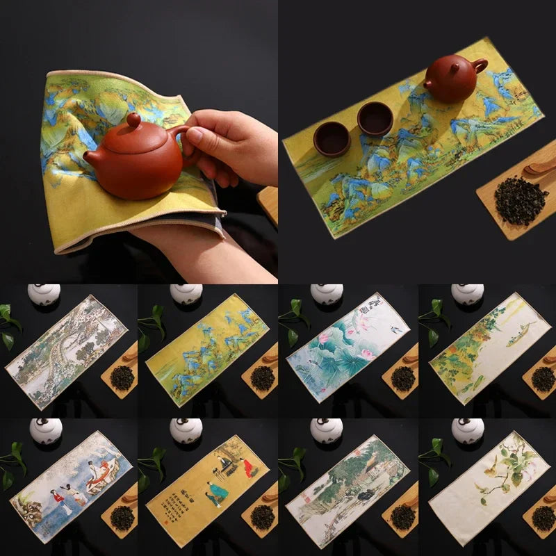 Perfecsy 1pc Chinese Painted Thick Tea Towel Super Absorbent Table Mats Suede Professional Rag Tea Mat Napkin High-end Tea Ac