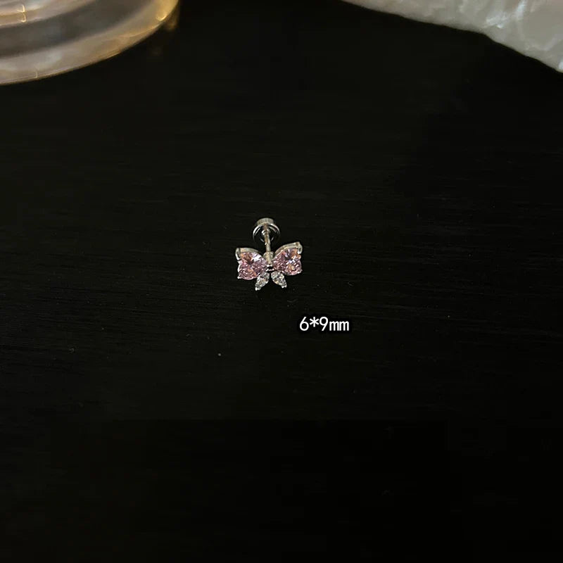 MyClosetAid 1 PCS Pink Bowknot Shiny Ear Bone Nail 316L Stainless Steel Korean Style Zircon Crystal Earring Women Y2K Cute Co