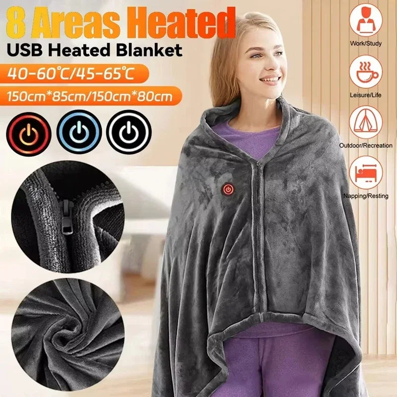 Perfecsy Wearable Heating Electric Blanket Shawl 3 Heated Level Throw Blanket 5v USB Charging Coral Velvet 8 Heated Areas Fas