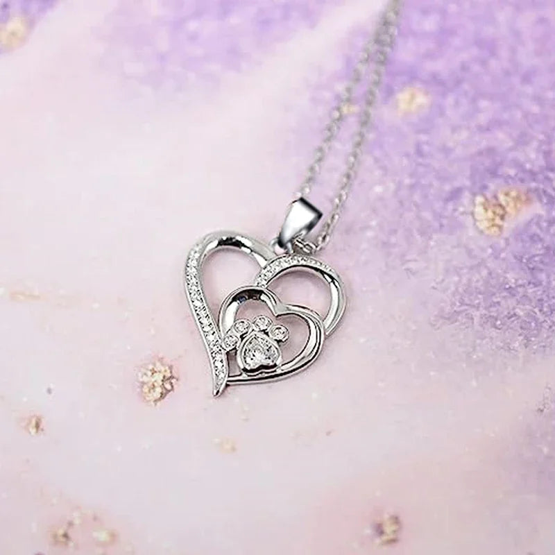 SORI STYLE Elegant Paw Shaped Double Heart CZ Pendant Necklace — detail close-up