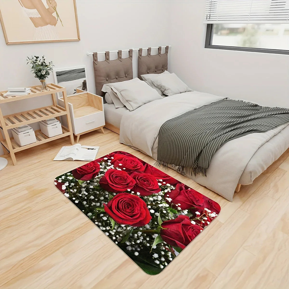 Perfecsy VIKAMA 1/2pc Valentine's Day Romantic Rose Print Rug, Non-Slip, Dirt-Proof. For Kitchen, Bathroom, Entrance Home Dec
