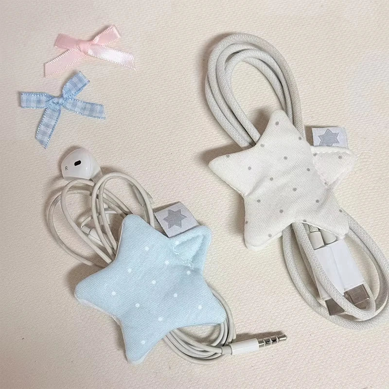 Perfecsy Y2k Japanese Earphone Decoration Accessories Handmade Fabric Star Wave Point Earphone Storage Bag Data Cable Organiz