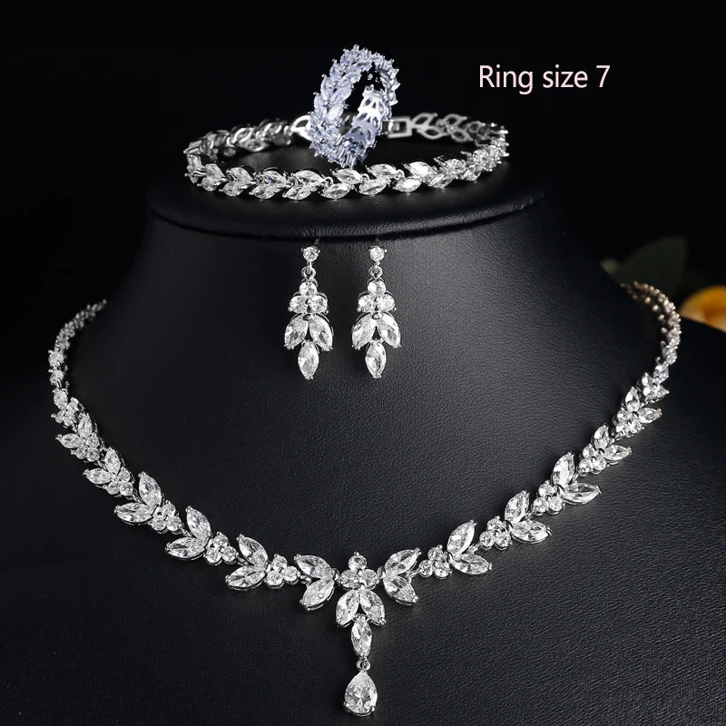 Brilliant Zirconia Leaf Necklace, Earrings & Bracelet Set