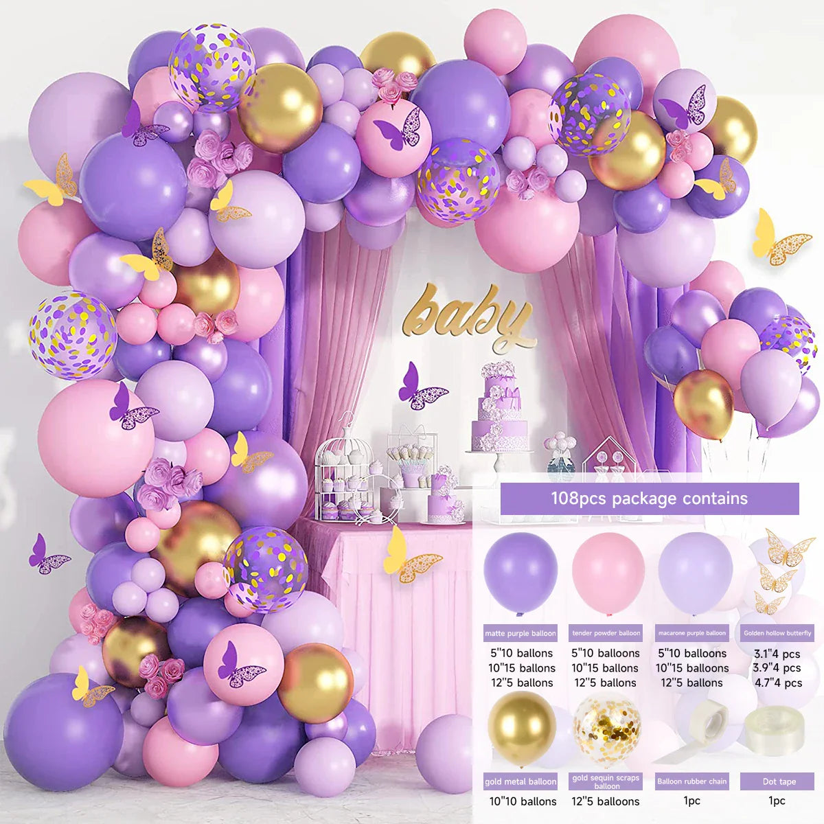 Perfecsy Purple Butterfly Balloons Garland Arch Kit Latex Ballon Birthday Party Decor Kids Adult Wedding Baloon Baby Shower D