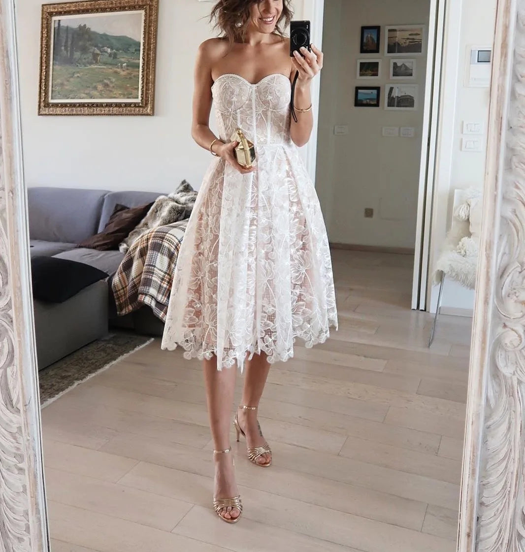 Envy NYC Envy NYC Holiday Padded Corset Midi Lace Dress — lifestyle worn / used context