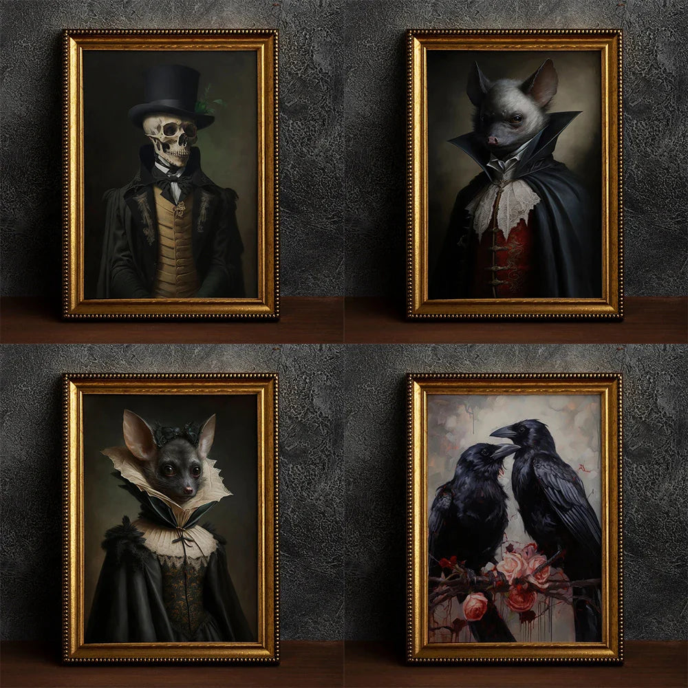 Perfecsy Retro Crow Witch Bat Skull Dark Academia Gothic Victorian Style Wall Art Canvas Painting Poster Print Halloween Gift