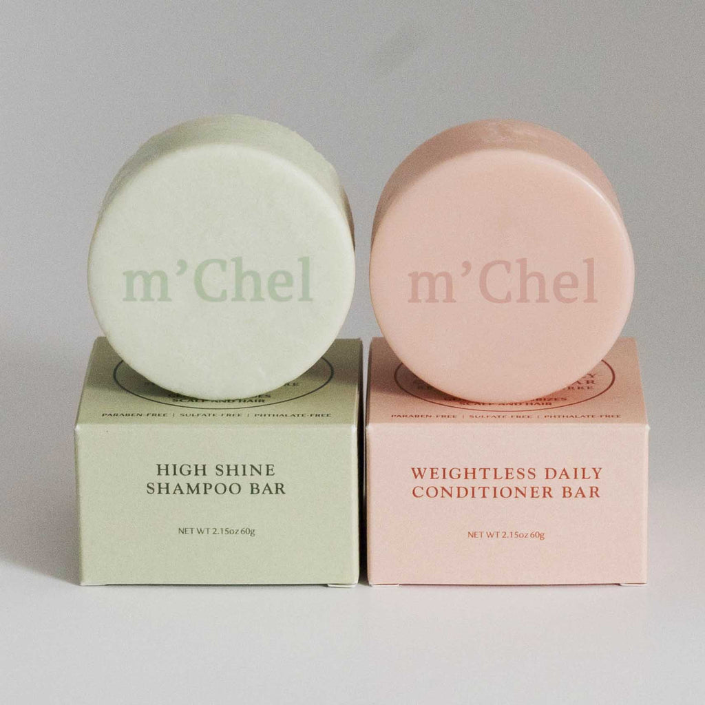 m'Chel Haircare High Shine Shampoo + Weightless Daily Conditioner Bars Bundle — main product shot