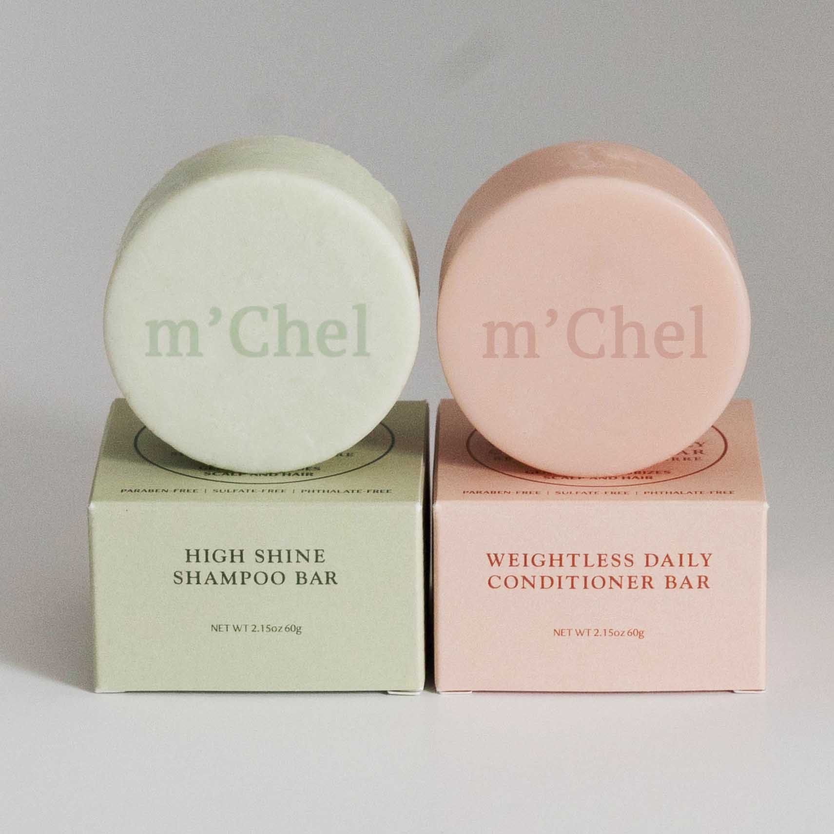 m'Chel Haircare High Shine Shampoo + Weightless Daily Conditioner Bars Bundle — main product shot