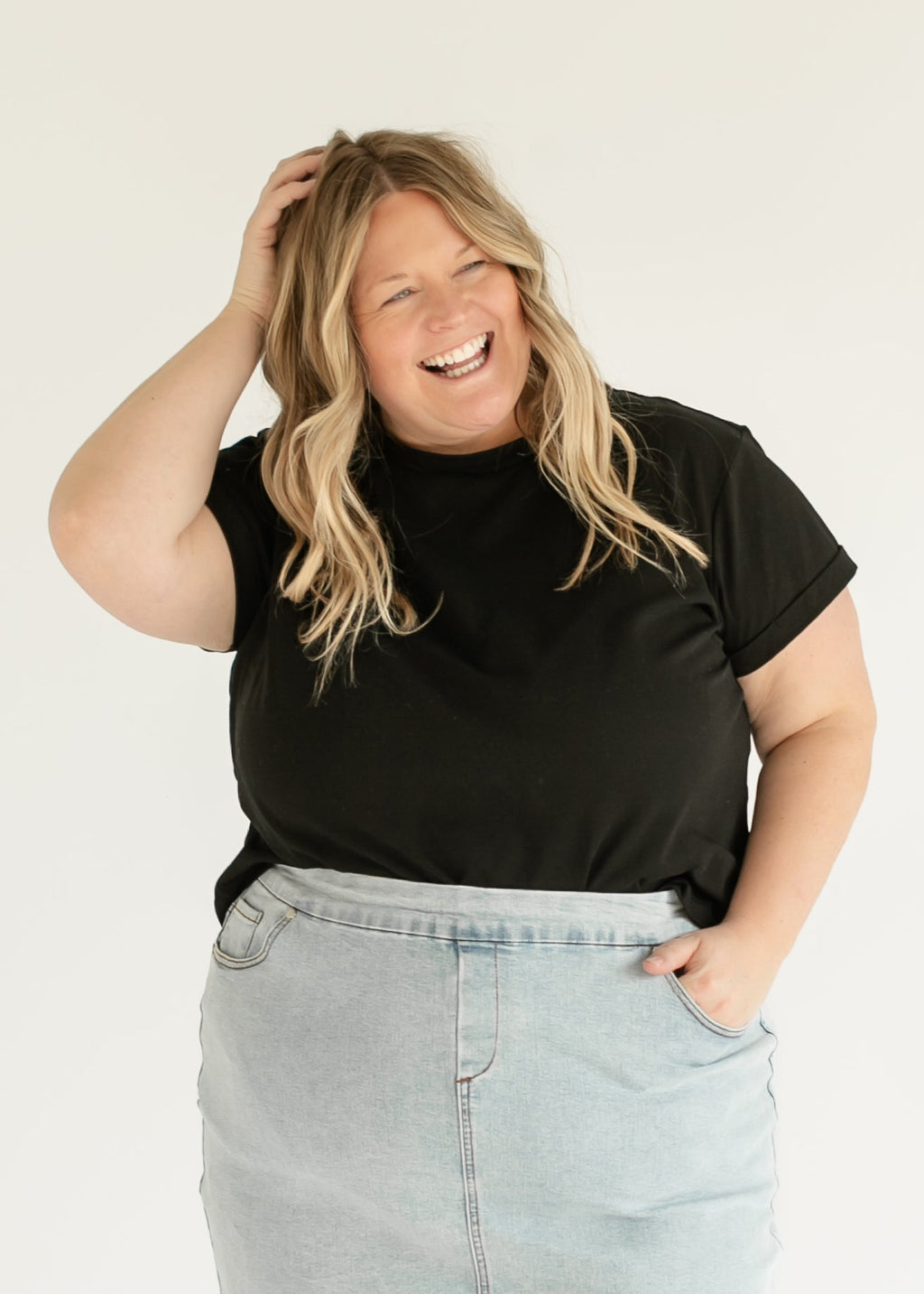 Inherit Co. Sandra Light Wash Denim Midi Skirt - FINAL SALE — fabric or material detail