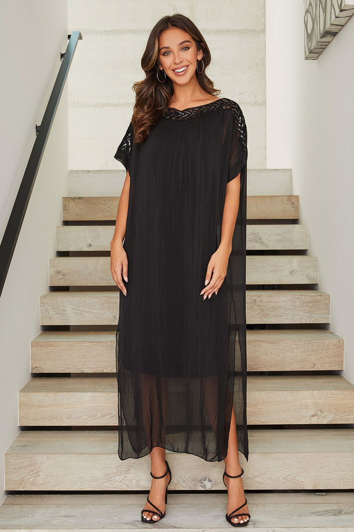 KADOU BOUTIQUE Silk Boatneck Sheer Layered Trim Dress — main product shot