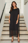 KADOU BOUTIQUE Silk Boatneck Sheer Layered Trim Dress — main product shot