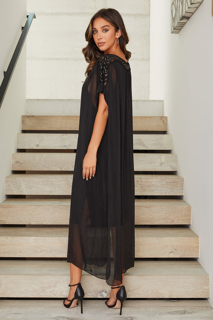 KADOU BOUTIQUE Silk Boatneck Sheer Layered Trim Dress — lifestyle context