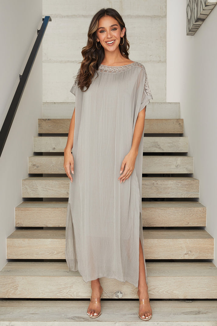 KADOU BOUTIQUE Silk Boatneck Sheer Layered Trim Dress — detail close-up