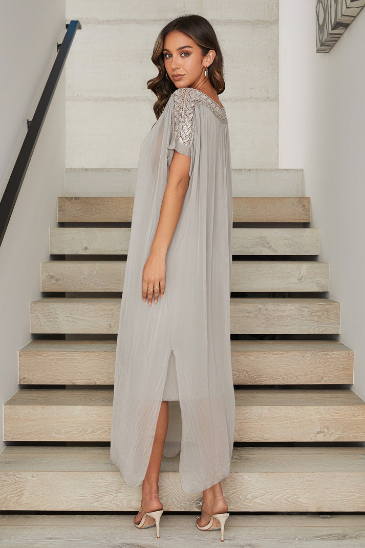 KADOU BOUTIQUE Silk Boatneck Sheer Layered Trim Dress — back view