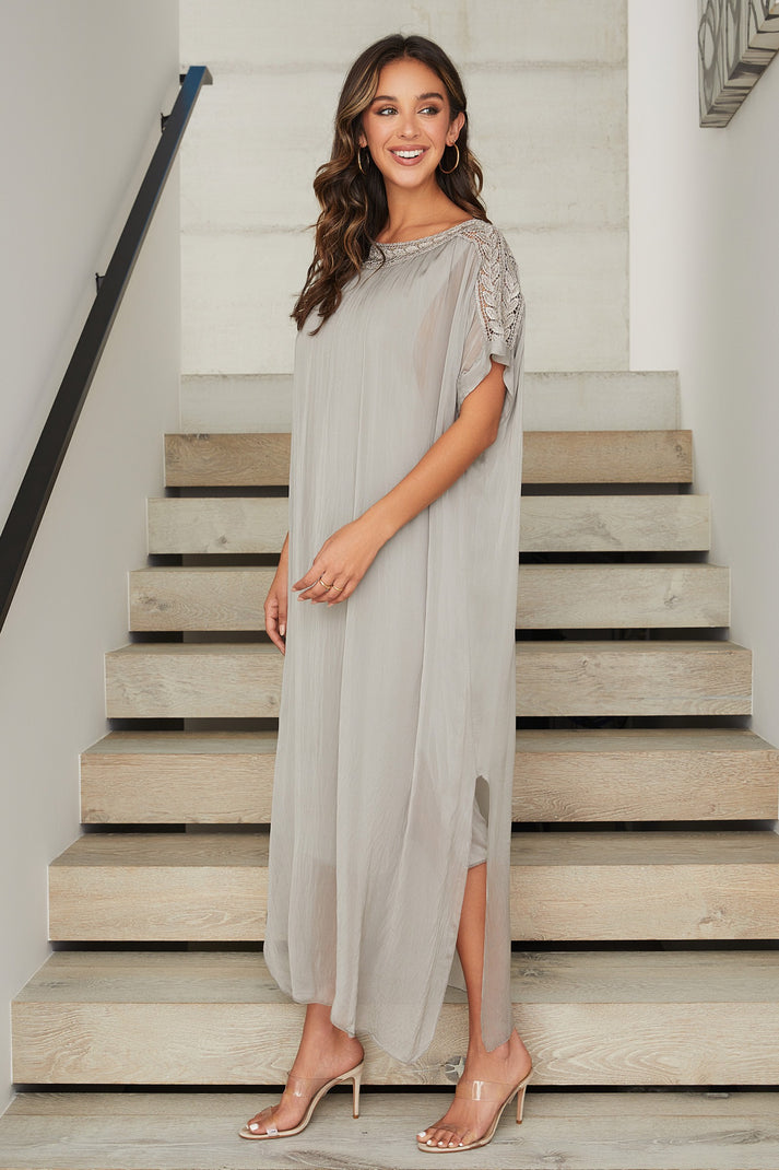 KADOU BOUTIQUE Silk Boatneck Sheer Layered Trim Dress — alternative angle