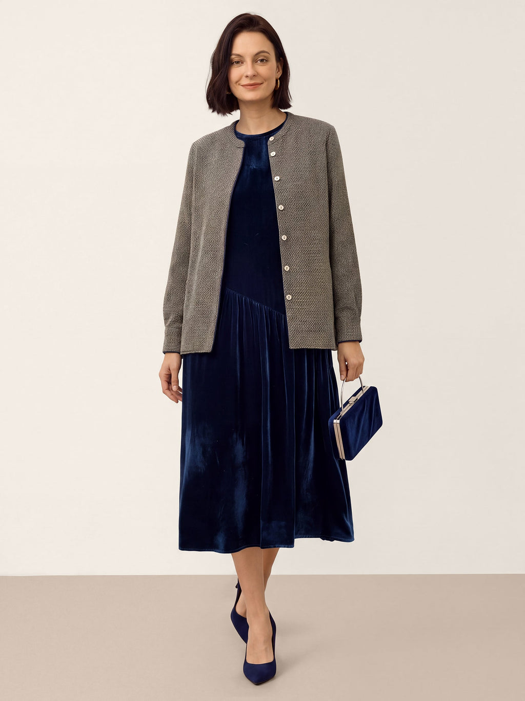 100% Silk Velvet Draped Pleat Relaxed Midi Dress ZELARA