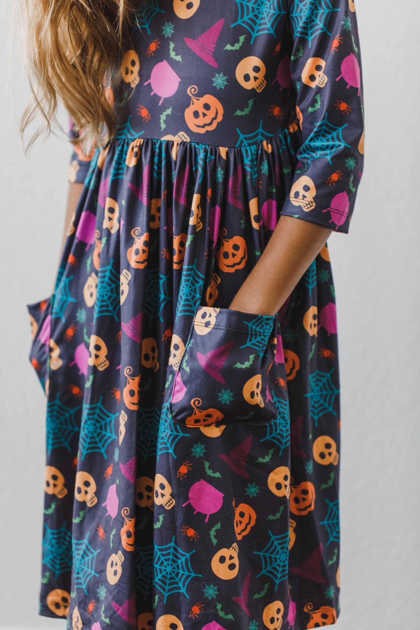 Mila & Rose ® Skeleton Web 3/4 Sleeve Pocket Twirl Dress — lifestyle context