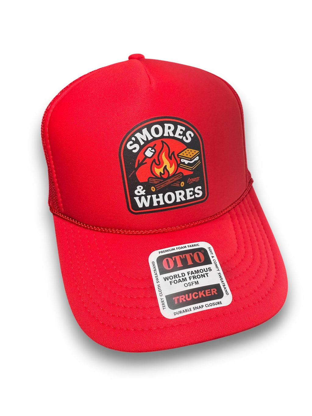 Luckless Outfitters S'mores & Whores Trucker Hat — detail close-up