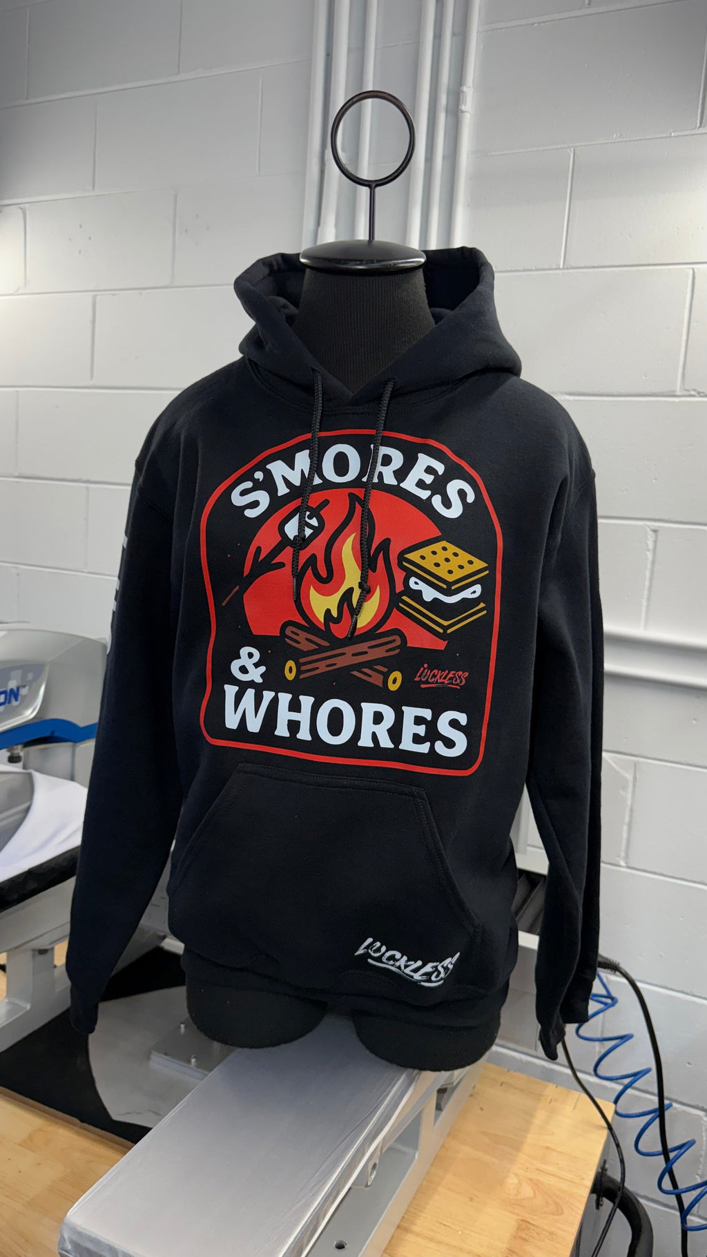 Luckless Outfitters Smores and Whores Hoodie — detail close-up