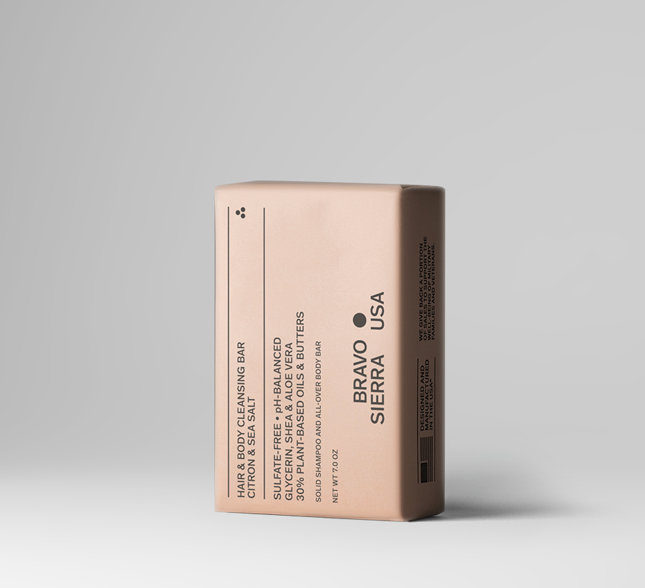 Bravo Sierra Hair & Body Cleansing Bar — coconut + olive oil base, tea tree ingredient detail