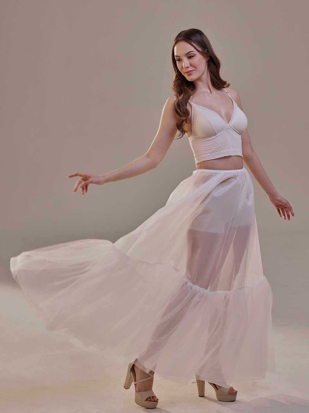 Soft Ruffled White Tulle Skirt , Sheer Maxi Skirt, Tulle Overskirt – Bridal Port, view 2