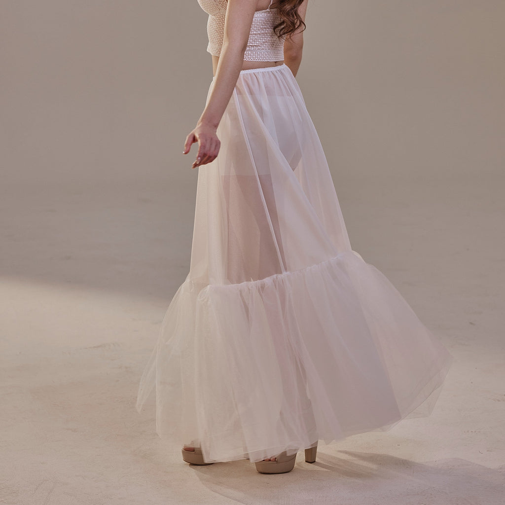 Soft Ruffled White Tulle Skirt , Sheer Maxi Skirt, Tulle Overskirt – Bridal Port, view 5