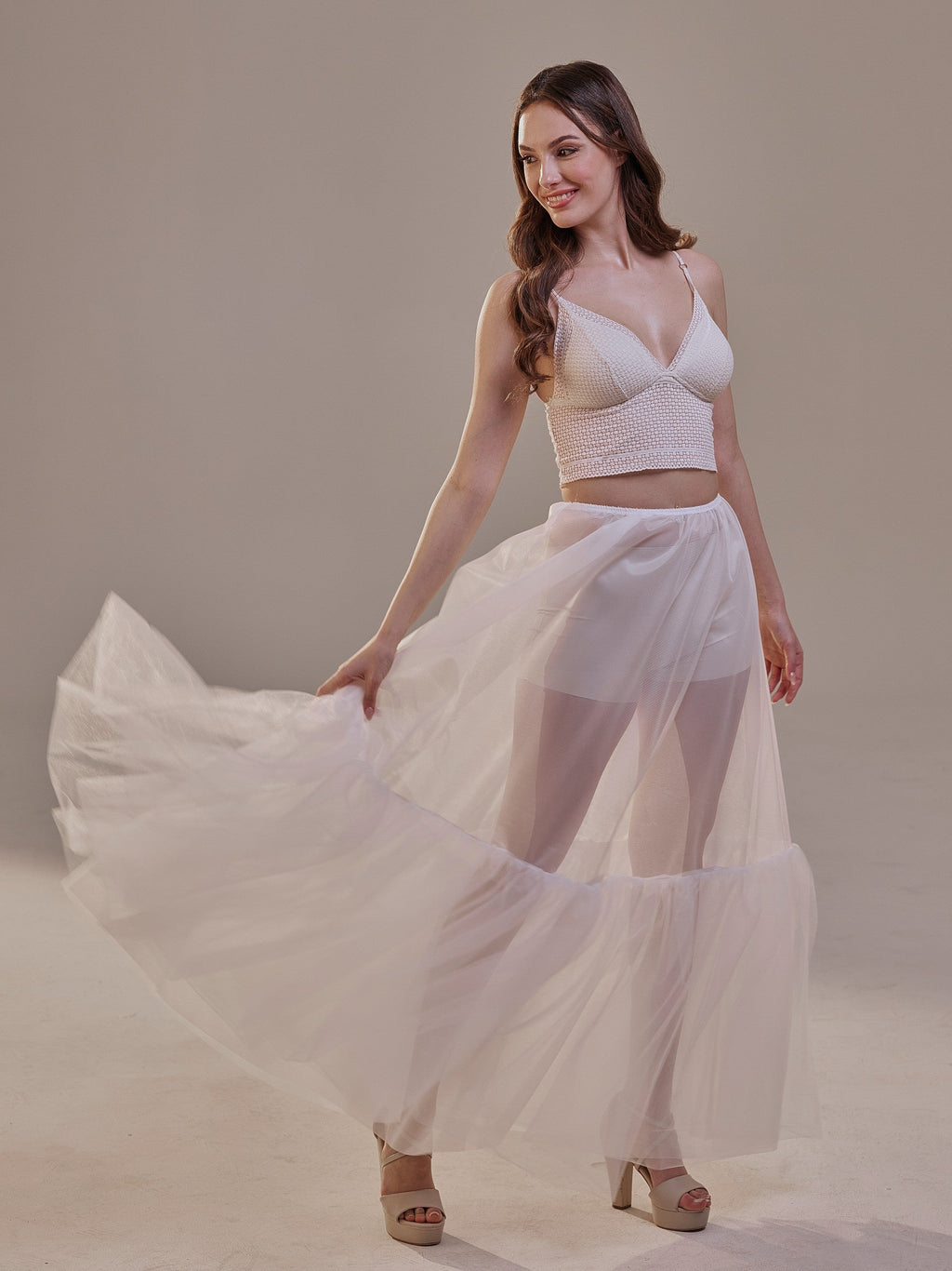 Soft Ruffled White Tulle Skirt , Sheer Maxi Skirt, Tulle Overskirt – Bridal Port, view 7