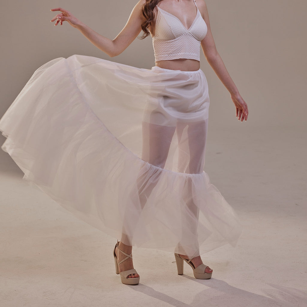 Soft Ruffled White Tulle Skirt , Sheer Maxi Skirt, Tulle Overskirt – Bridal Port