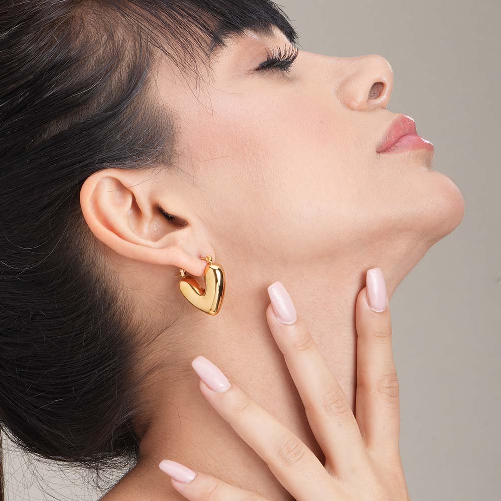 SORI STYLE Golden Puff Heart Hoop Earrings — back view