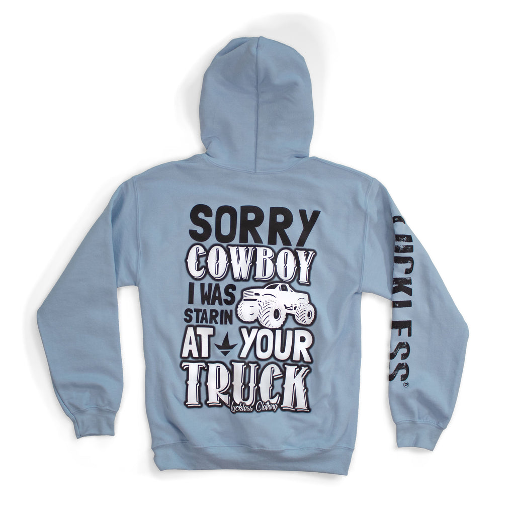 Luckless Outfitters Sorry Cowboy Hoodie — detail close-up
