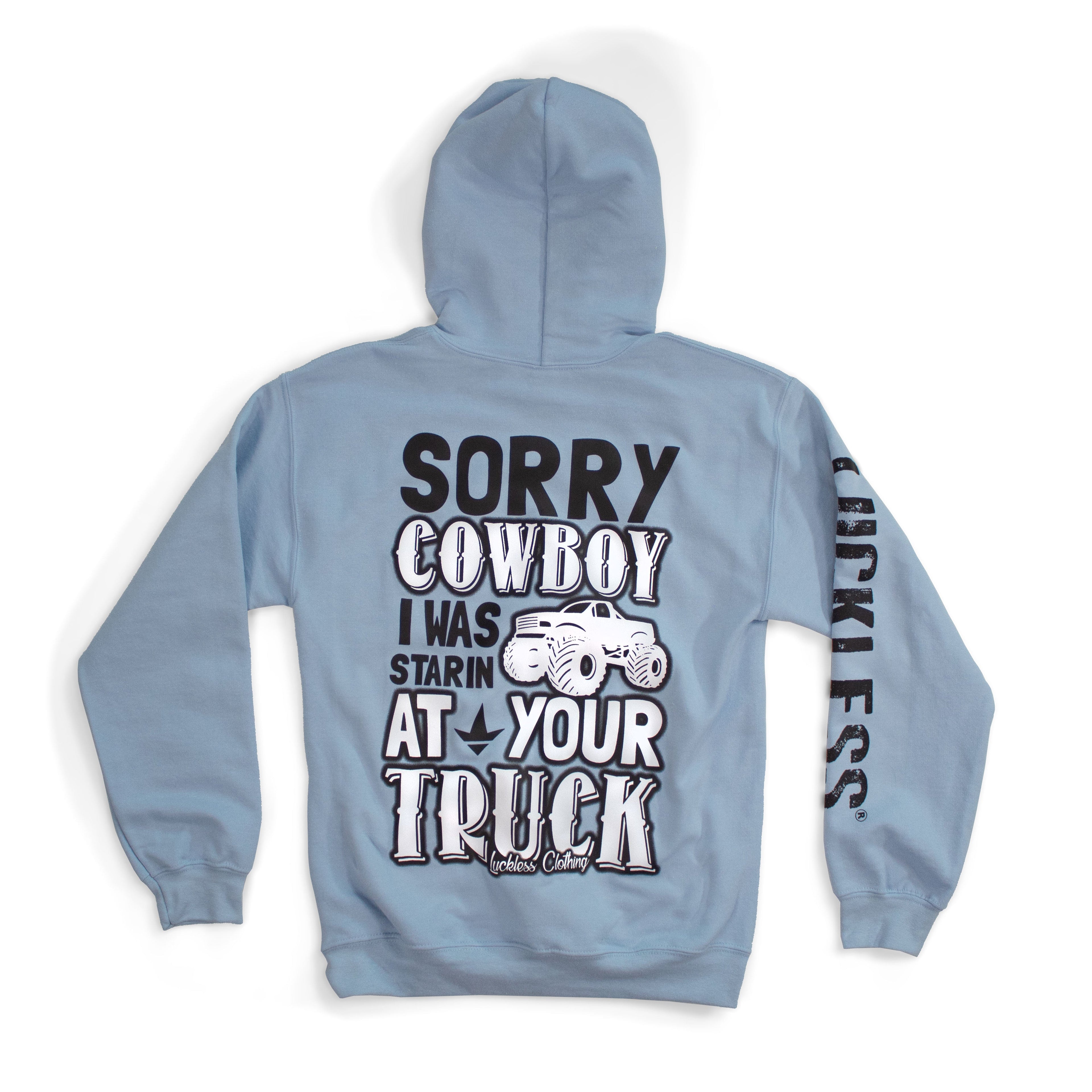 Luckless Outfitters Sorry Cowboy Hoodie — detail close-up