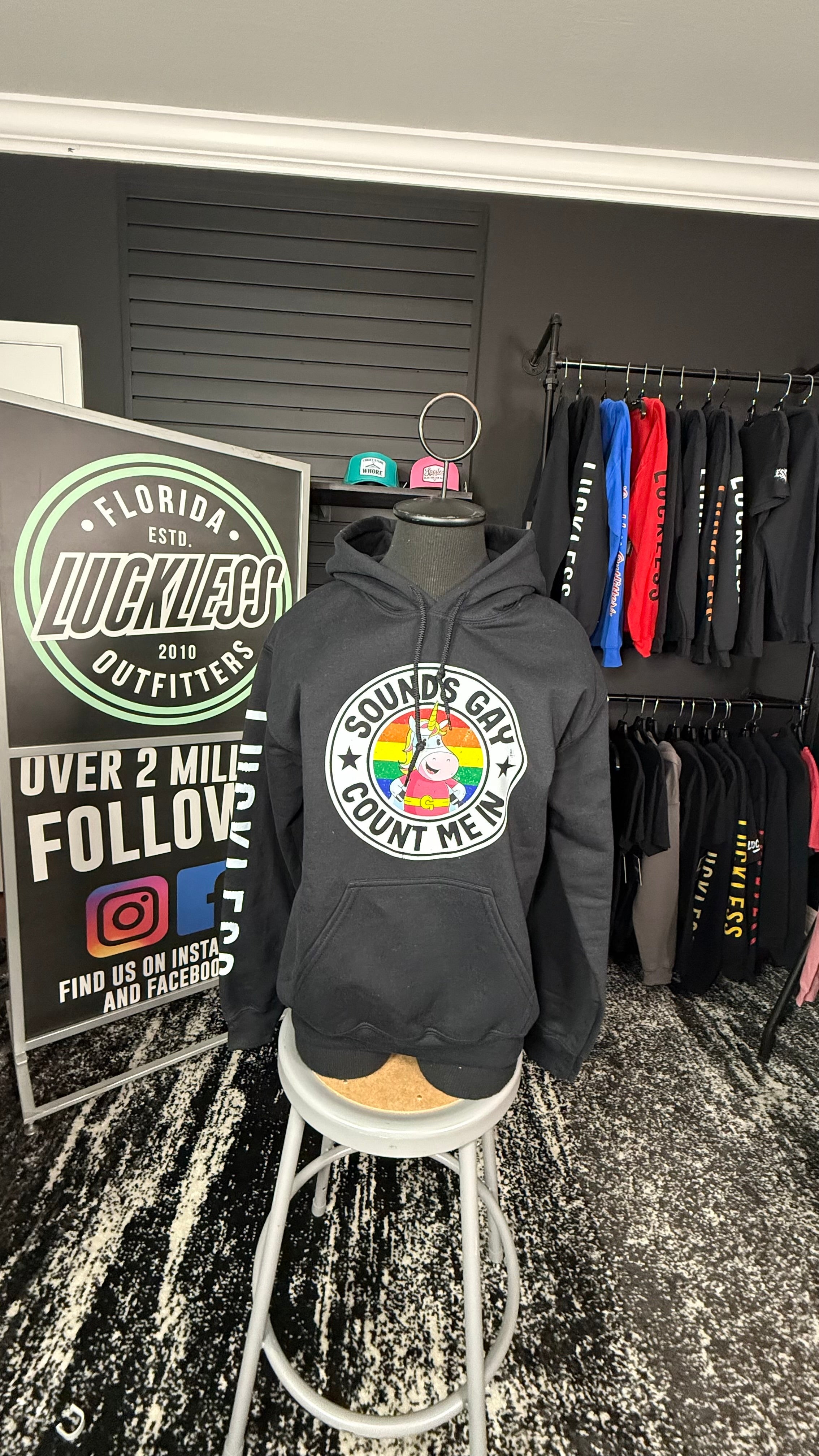 Luckless Outfitters Sounds Gay Count Me In Hoodie — side view