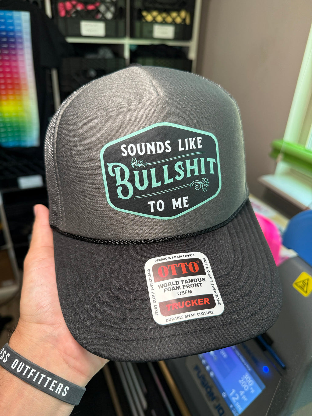 Luckless Outfitters Sounds Like Bullshit To Me Trucker Hat — back view