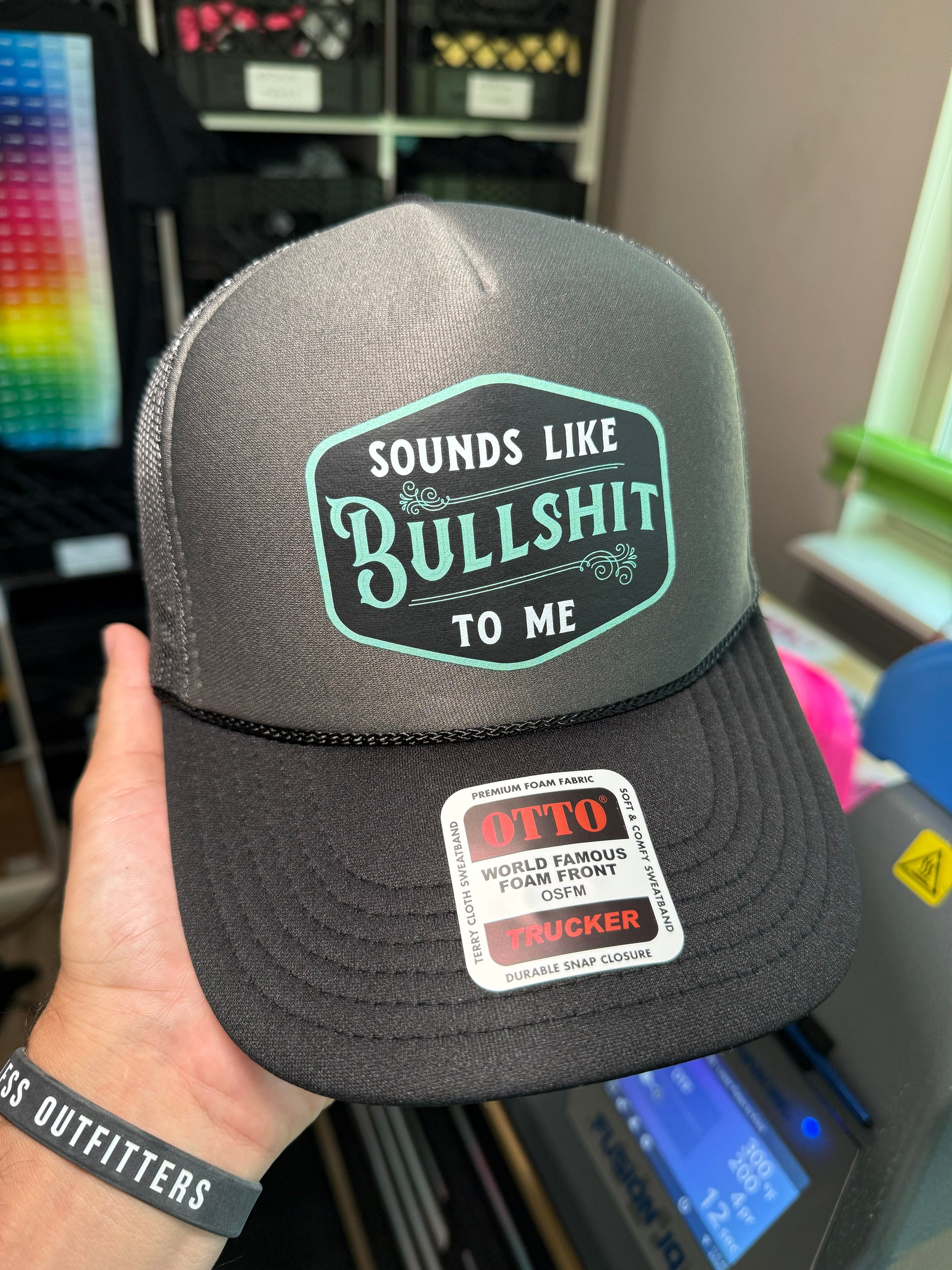 Luckless Outfitters Sounds Like Bullshit To Me Trucker Hat — back view