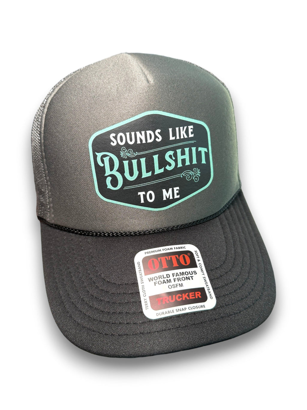 Luckless Outfitters Sounds Like Bullshit To Me Trucker Hat — detail close-up