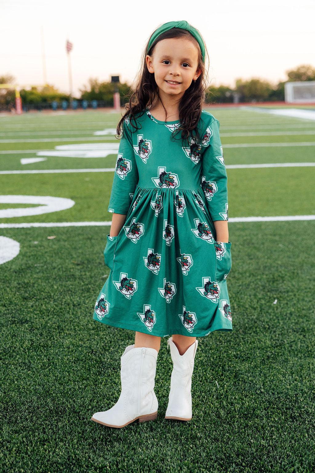 Mila & Rose ® Southlake Carroll Dragons 3/4 Sleeve Pocket Twirl Dress — main product shot