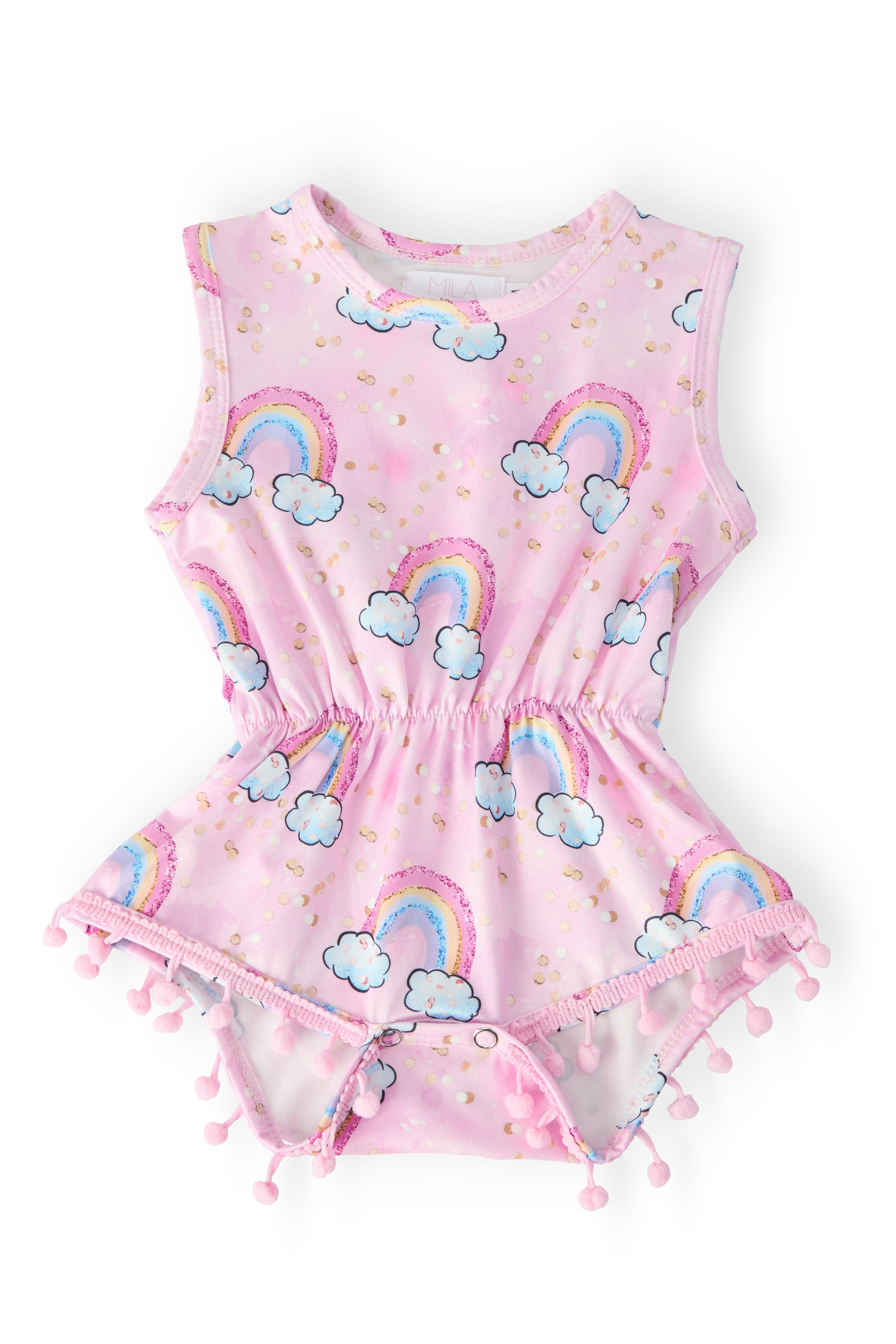 Mila & Rose ® Sparkling Rainbows Pom Pom Romper — main product shot