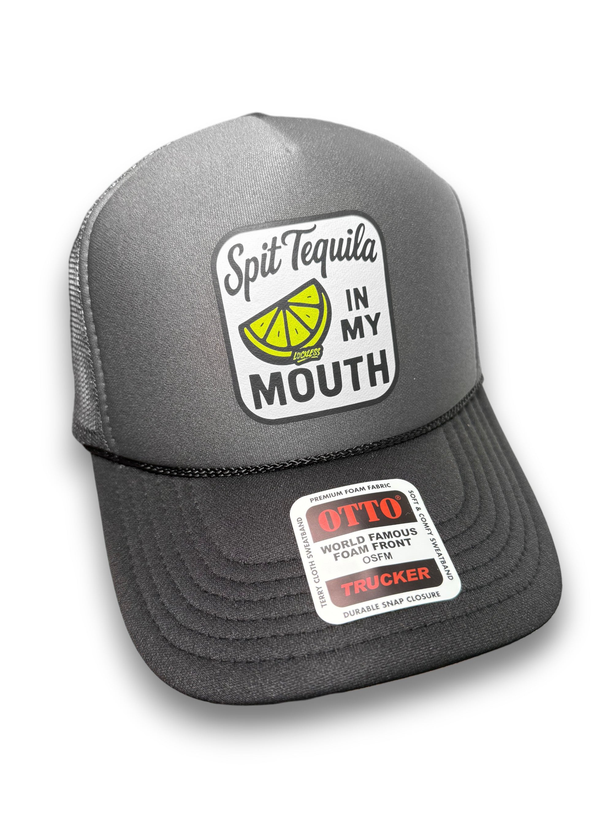 Luckless Outfitters Spit Tequila in My Mouth Trucker Hat — detail close-up