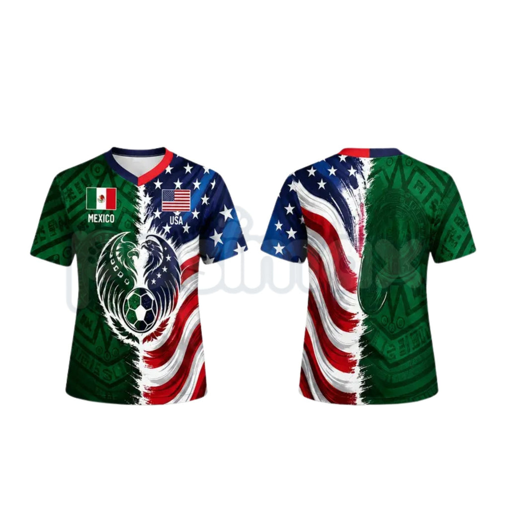 Split Half Mexico Green Tribal & US Stars Stripes Athletic V-Neck Shirt – Dual Heritage Soccer Jersey