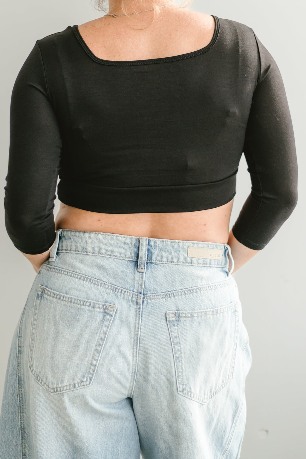 HALFTEE Layering Fashions Halftee Square Neck 3/4 Sleeve — HALFTEE Layering Fashions branding close-up