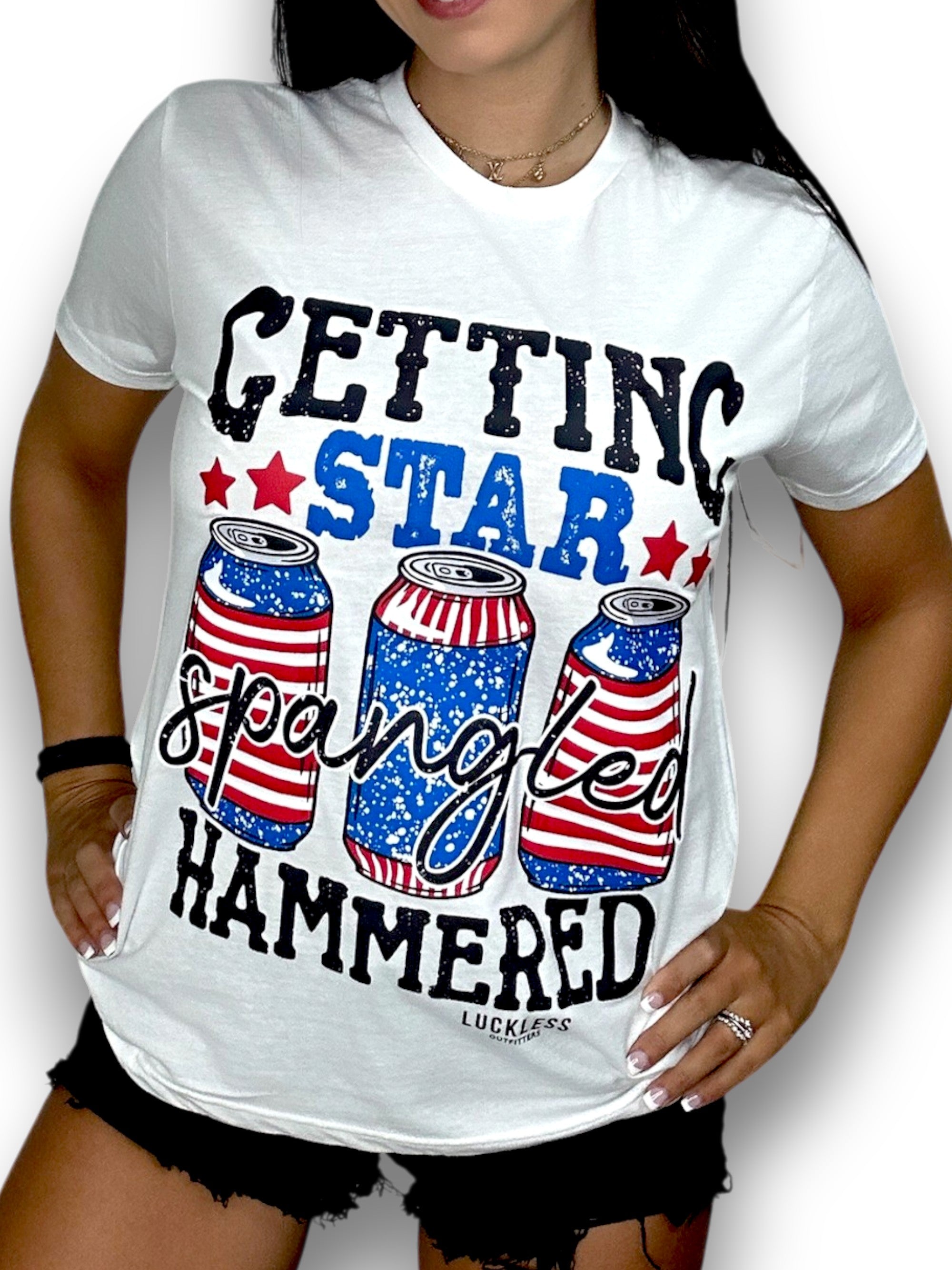 Luckless Outfitters Star Spangled Hammered Tee — detail close-up