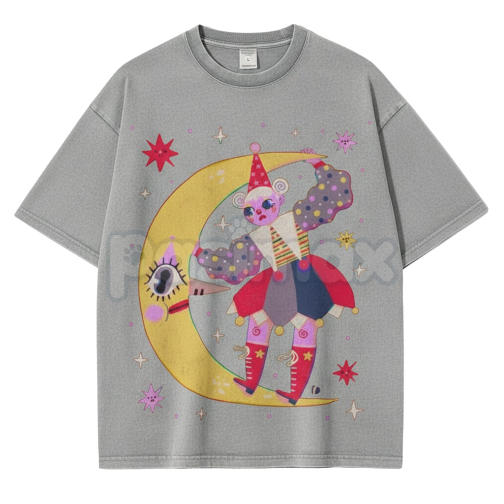 Pasimax Star Clown Unisex Vintage Washed Tee – Retro Celestial Circus Graphic Streetwear T-Shirt — main product shot