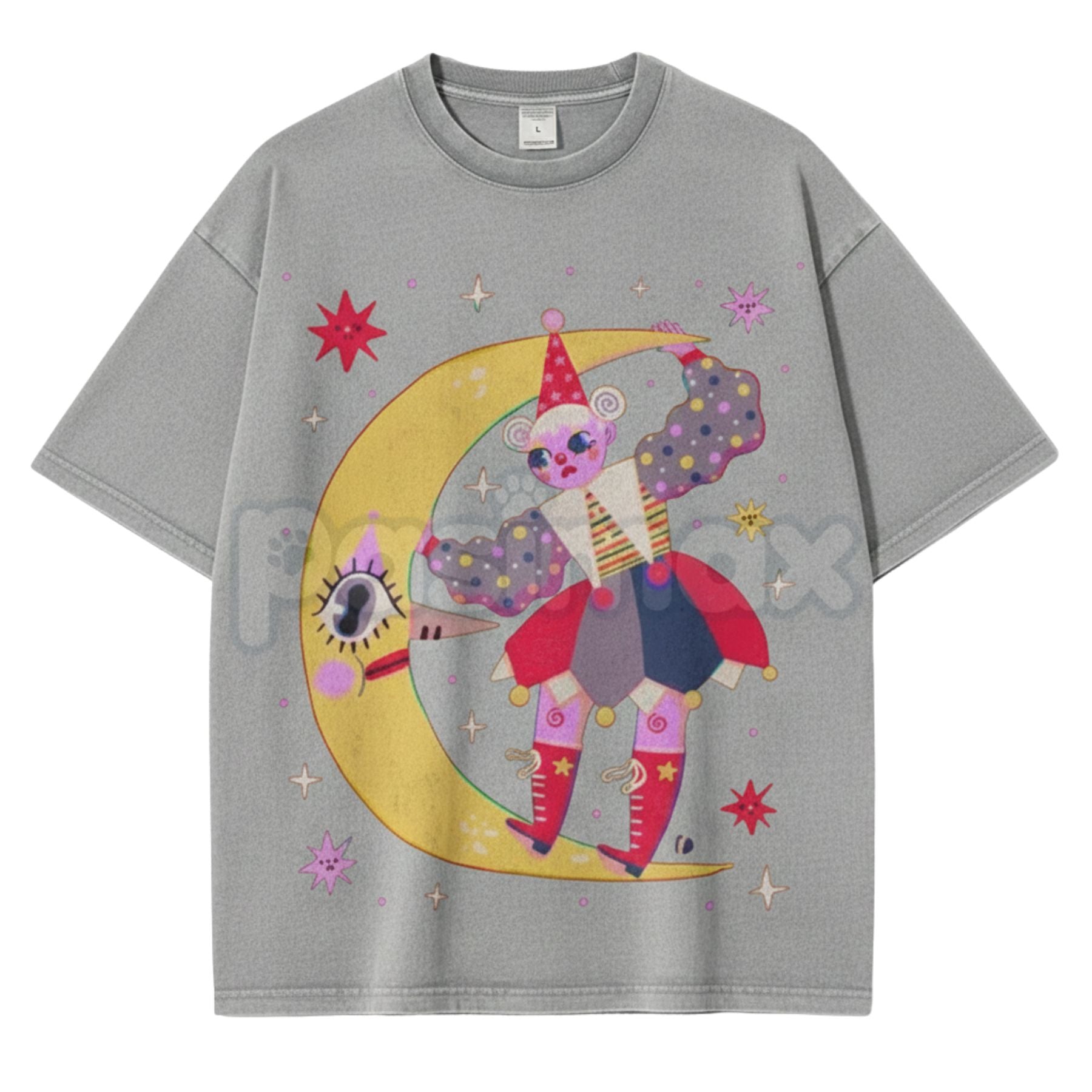 Pasimax Star Clown Unisex Vintage Washed Tee – Retro Celestial Circus Graphic Streetwear T-Shirt — main product shot