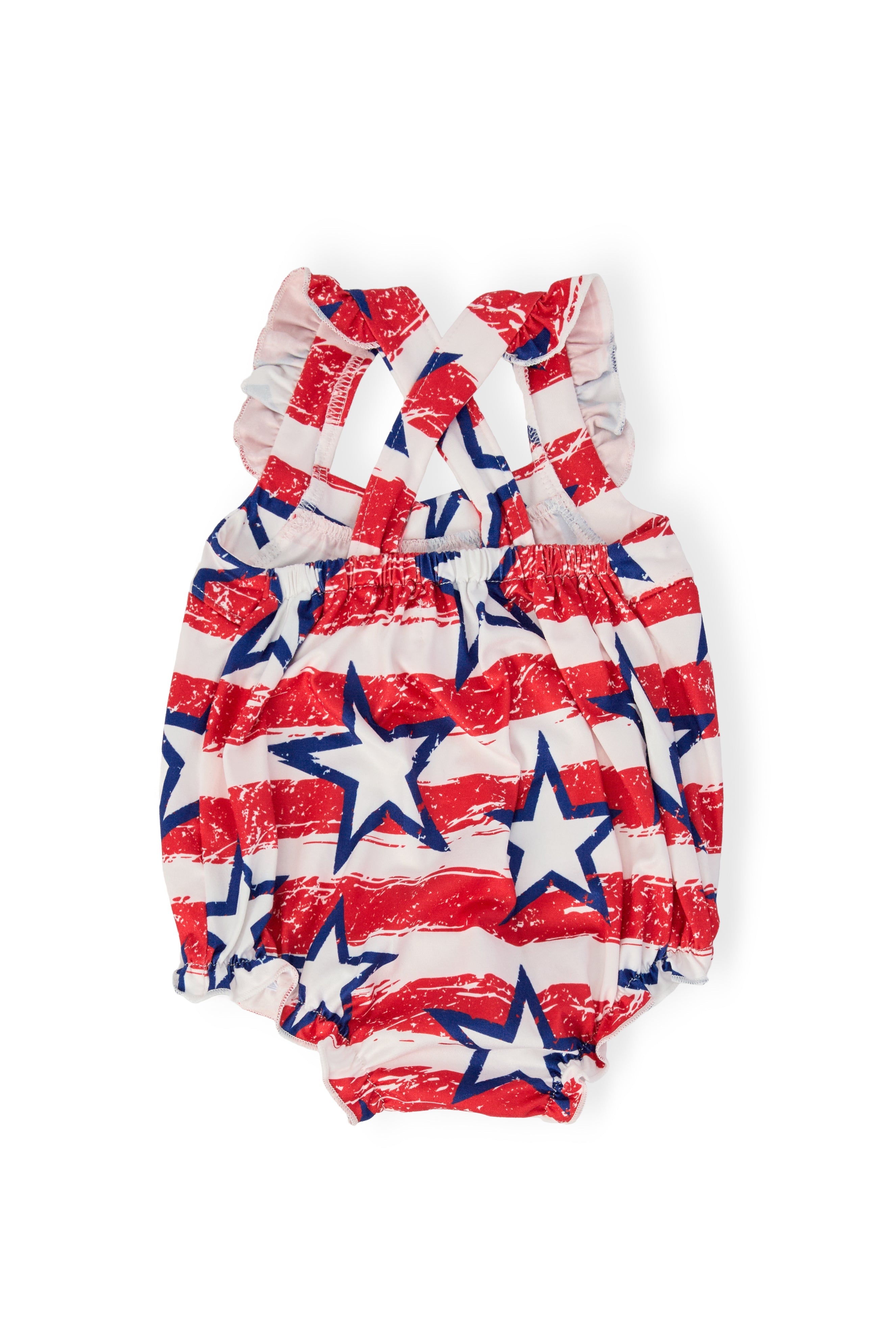 Mila & Rose ® Stars & Stripes Ruffle Cross Back Romper — detail close-up